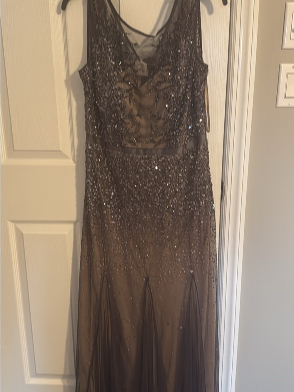 Adrianna Papell Beaded Sheer Neck Evening Gown in Charcoal